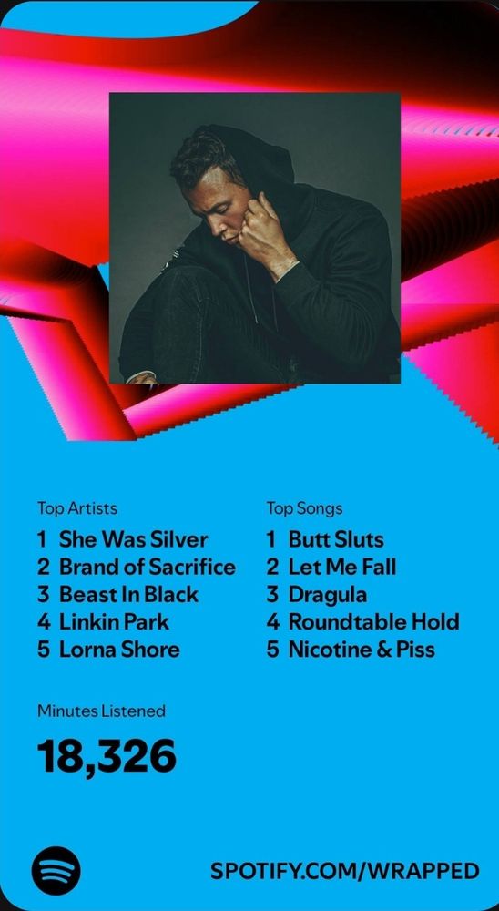 Says my Top artists are: She Was Silver, Brand of Sacrifice, Beast in Black, Linkin Park, and Lorna Shore. My top songs were: Butt Sluts, Let Me Fall, Dragula, Roundtable Hold, and Nicotine & Piss.