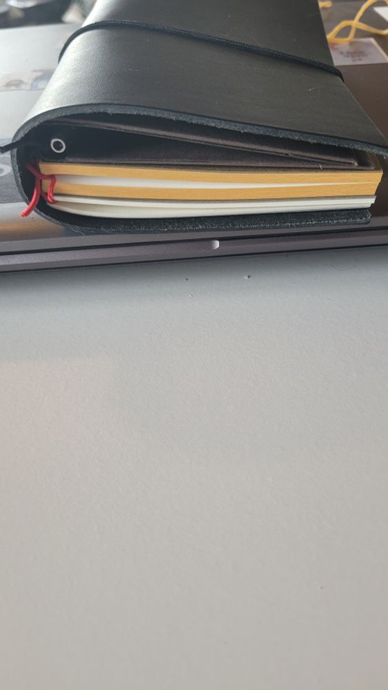 Dasselbe Notizbuch von unten fotografiert, wodurch die Seiten des Buches zu sehen sind und ein Kugelschreiber, der zwischen den Seiten steckt.