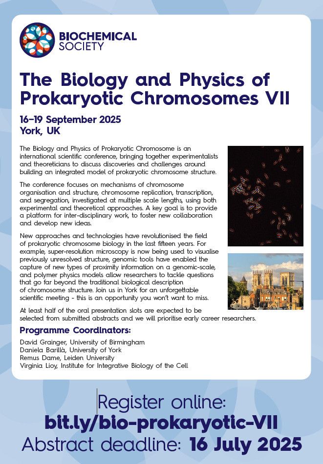 Poster advertising the Biology and Physics of Prokaryotic Chromosomes conference that will be held in York, 16-19 September 2025.