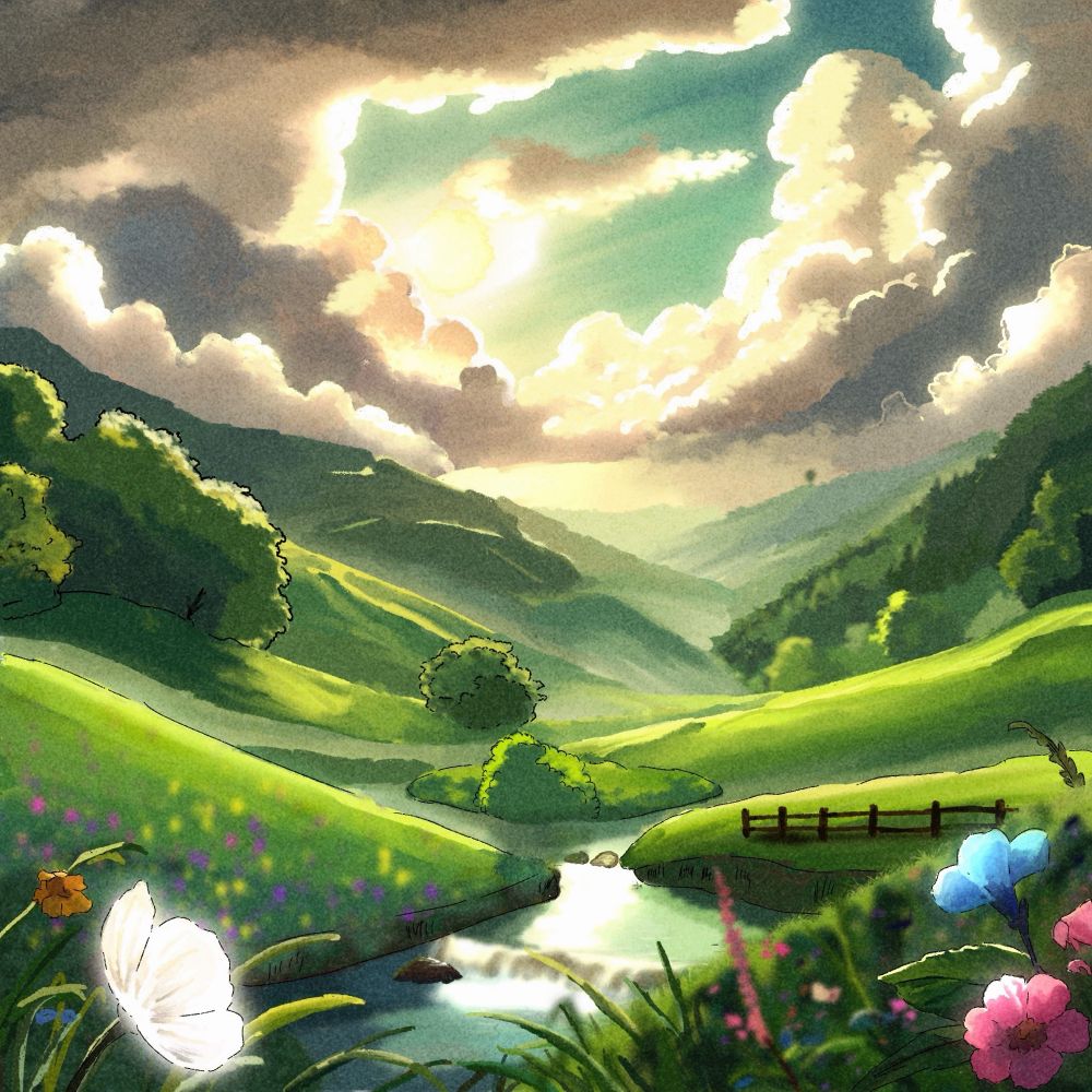 Green field with water stream and big fluffy cloud