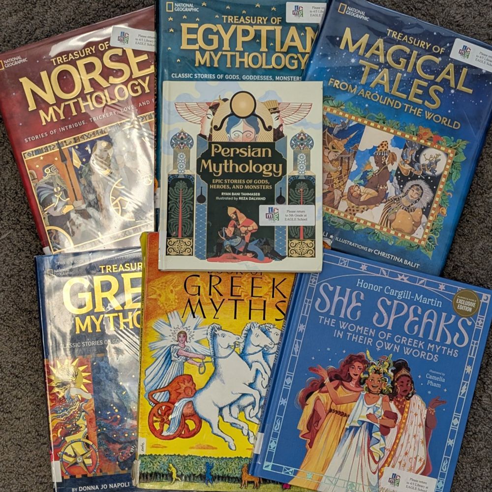 Persian Mythology book on top of pile of mythology treasury books