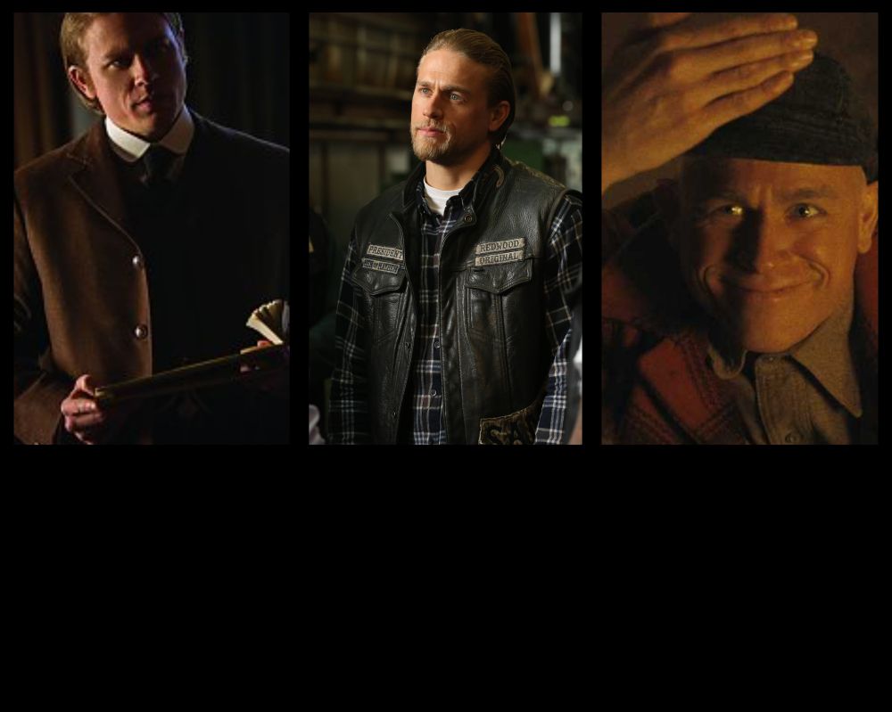 Three images of Charlie Hunnam side by side. One from Crimson Peak, one from Sons of Anarchy, and one from Monster: The Ed Gein Story. 