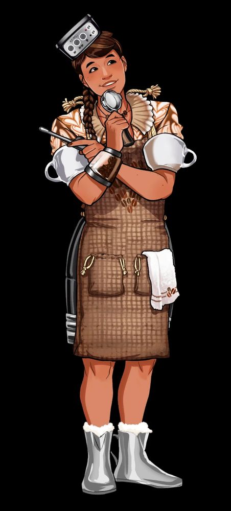 the character art for kopi, the coffee character in 2025 dating simulation game, date everything.