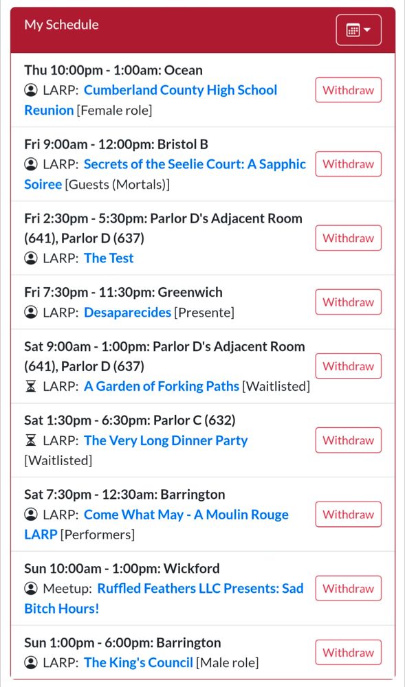 Amber's Intercon W schedule with larps Thursday - Sunday.