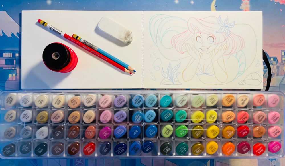 Mermaid Disney style sketch with set of comic markers. Traditional art 