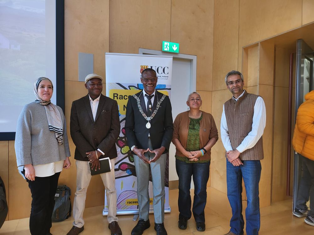 Photo of Cllr Kamegni, Femi Amao, Philomena Mullen, Jatin Nagpal at UCC today. 