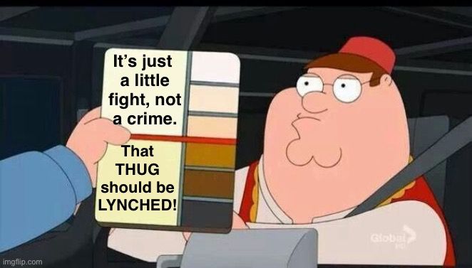 peter griffin skin color meme: if the skin is white then “it’s just a little fight, not a crime.” if the skin is dark then “that THUG should be LYNCHED”