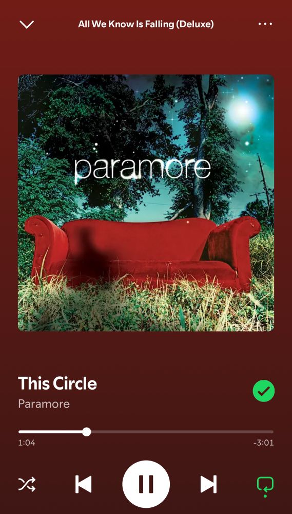 screenshot from Spotify showing This Circle by Paramore now playing. 
Paramore’s All We Know is Falling album cover is in the center of the screenshot.