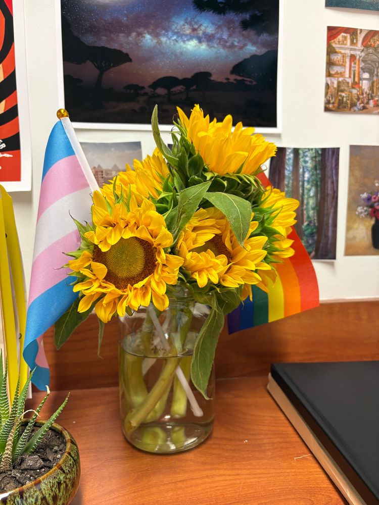 mason jar with all yellow sunflowers and trans and progress pride flags on top of a wooden desk. a photo of the milky way is in the background directly above the flowers.