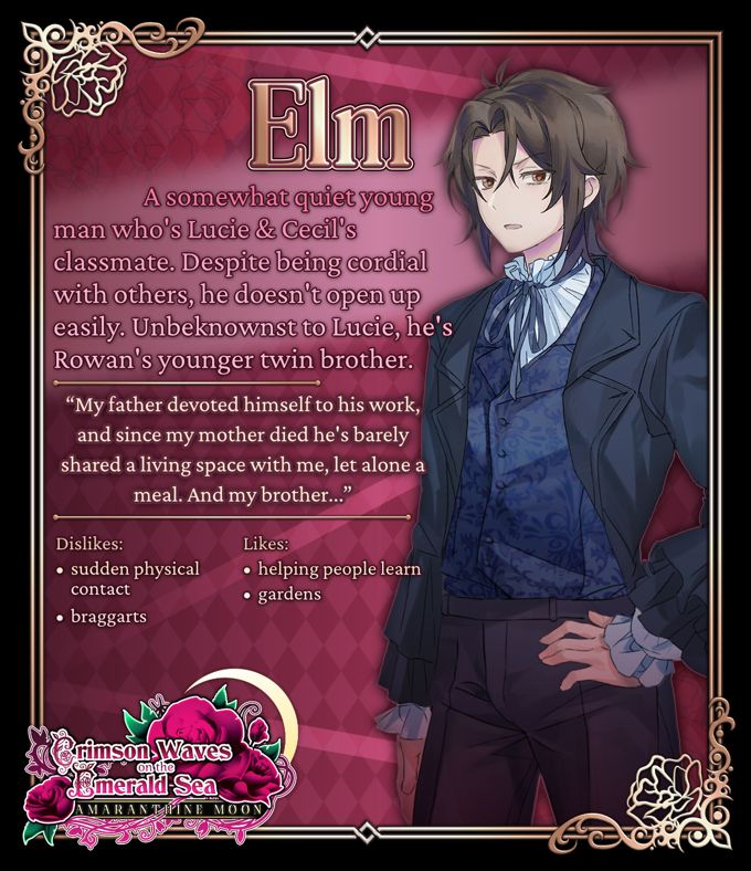Elm
A somewhat quiet young man who is also Lucie & Cecil's classmate. Despite being cordial with others, he doesn't open up easily. Unbeknownst to Lucie, he's Rowan's younger twin brother.

"My father devoted himself to his work, and since my mother died he's barely shared a living space with me, let alone a meal. And my brother..."

Dislikes: Sudden Physical Contact, Braggarts
Likes: Helping people learn, Gardens

A sprite of Elm accompanies teh above text in which he is wearin ga dark blue jacket with ruffled sleeves, black trousers, and a dark blue single-breasted waistcoat with a damask print. His ruffled victorian shirt is tied at the collar with a blue ribbon and he stands with a hand on one hip. 