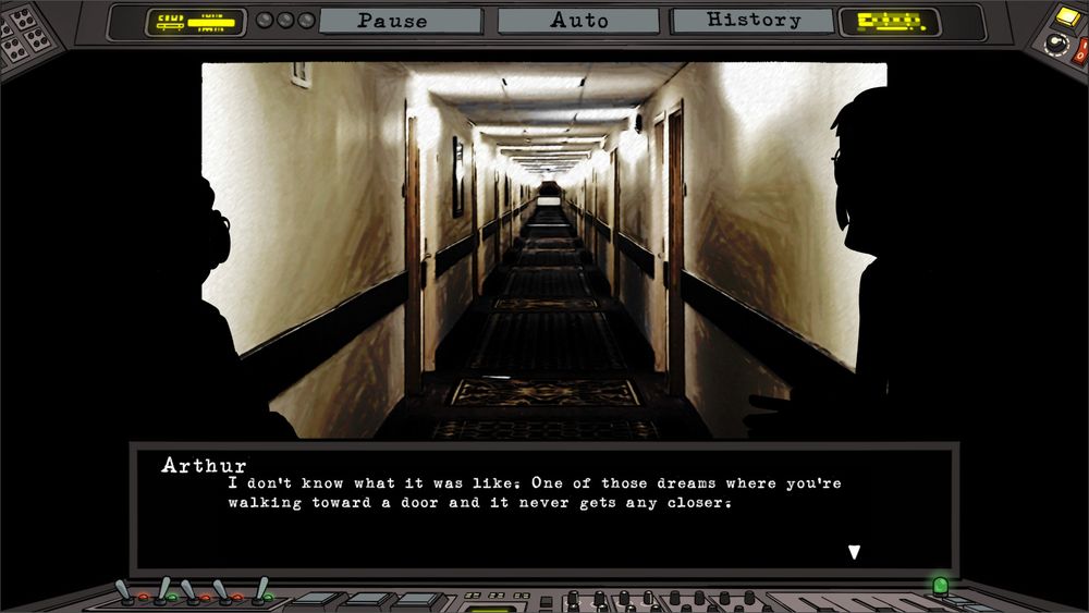 Bridgewater Deepwood Access Radio Screenshot:
In this shot, the studio lights are dimmed so the hosts are only visible in silhouette framing the vignette screen in the center of the image. The UI is visible, with the top UI styled after a radio control panel and the lower UI, which contains the textbox, appears as an audio mixing board with fully functional switches, buttons, and sliders. 

The vignette screen shows a well lit but eeriely long hotel hallway that stretches into infinity, and also appears to shift in elevation, dropping off sharply into pits at regular intervals throughout the hall.

The text in the textbox reads as follows:

Arthur: "I don't know what it was like. One of those dreams where you're walking toward a door and it never gets any closer."