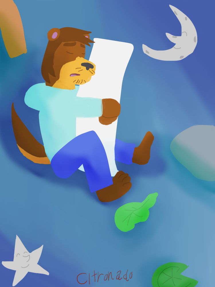 "River of Dreams" - Luke is asleep, seemingly floating... or flowing? in the River of Dreams. The river has logs and leaves floating along with him, and the night sky is on both sides of the river, moon and stars smiling.