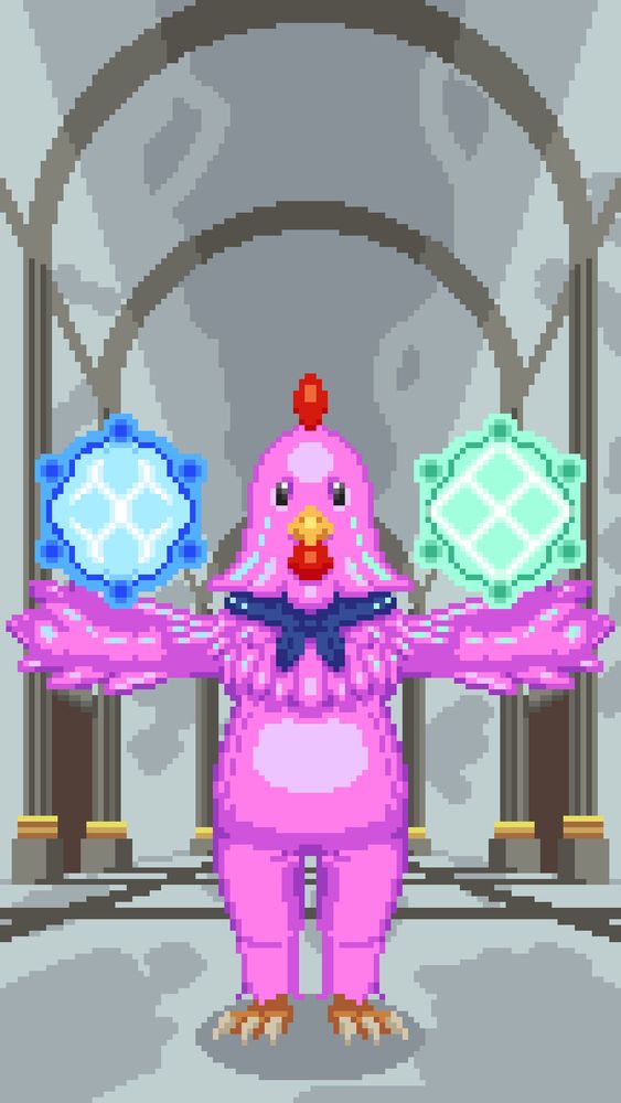 Someone in a bubblegum pink chicken costume looks at the camera while holding two orbs in a hallway. In their left arm is a mint green orb (representing the "shell" buff), and in their right is a bright blue orb (representing the "protect" buff). The hallway is primarily constructed from a white, marble-like stone. Pillars of a darker stone are banded with gold near their bases. Between some of the pillars are doorways to rooms