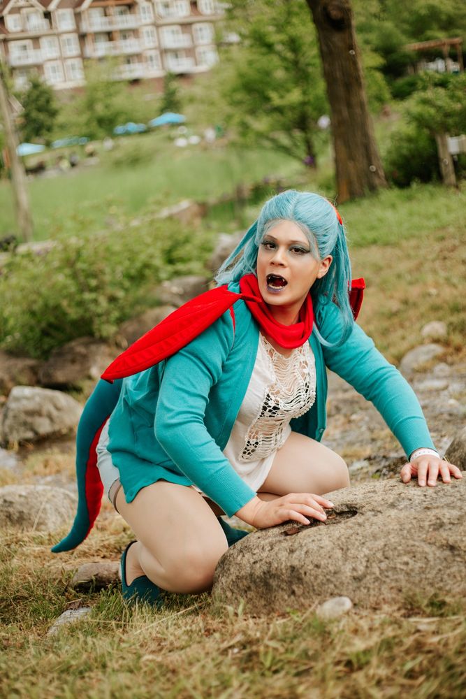 Yuuko cosplaying a human version of the Pokémon Salamence.