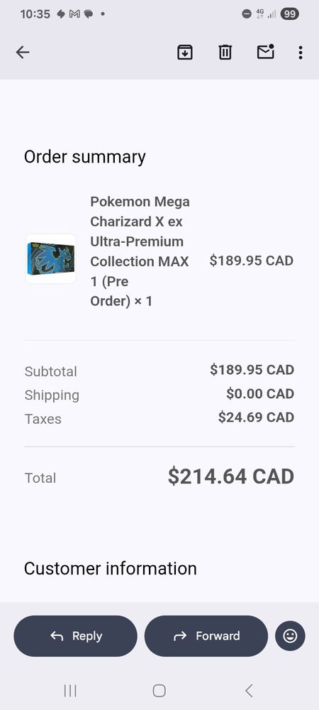 A screenshot of an email receipt for the Pokémon Mega Charizard X ex Ultra-Premium Collection. The item costed $189.95 CAD, or $214.64 CAD with tax.