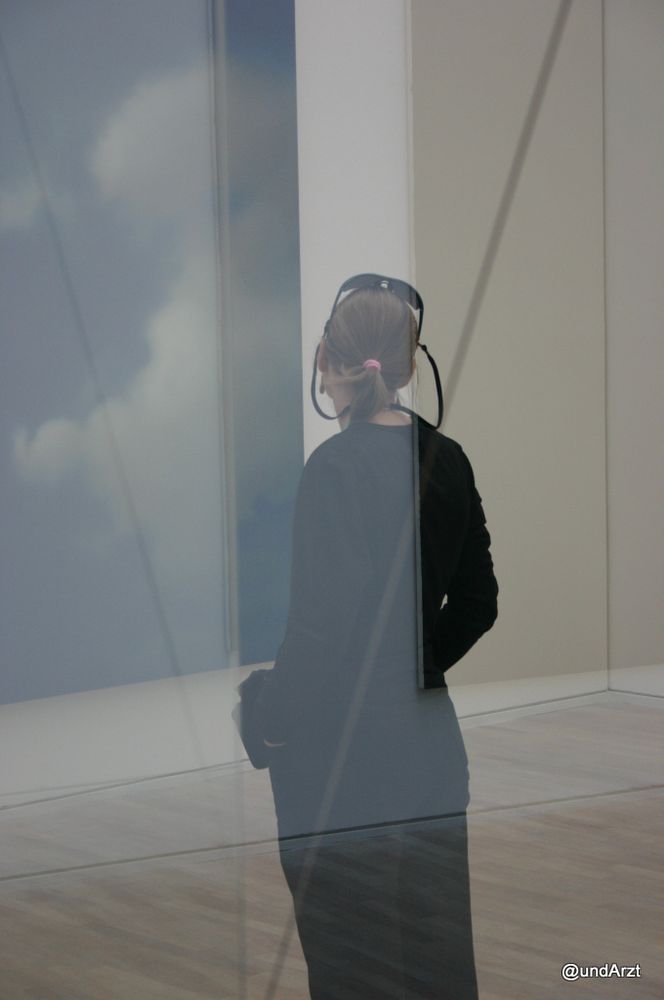 Frau steht vor uns, sie betrachtet ein Kunstwerk, das anscheinend Wolken vor blauem Himmel zeigt, man sieht es nur zum kleinen Teil.
Zwischen ihr und uns befinden sich Glasplatten, die einen Teil der Außenwelt spiegeln.