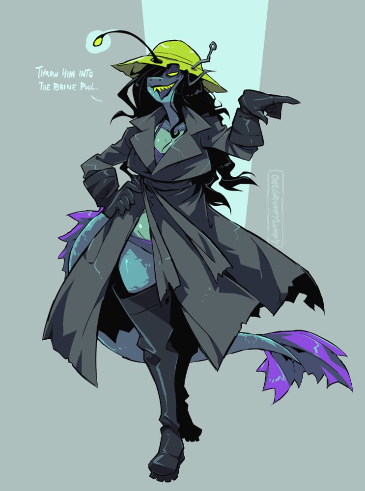 Art of Hadalia, an anglerfish woman. She looks smug while pointing off-screen, directing someone to 