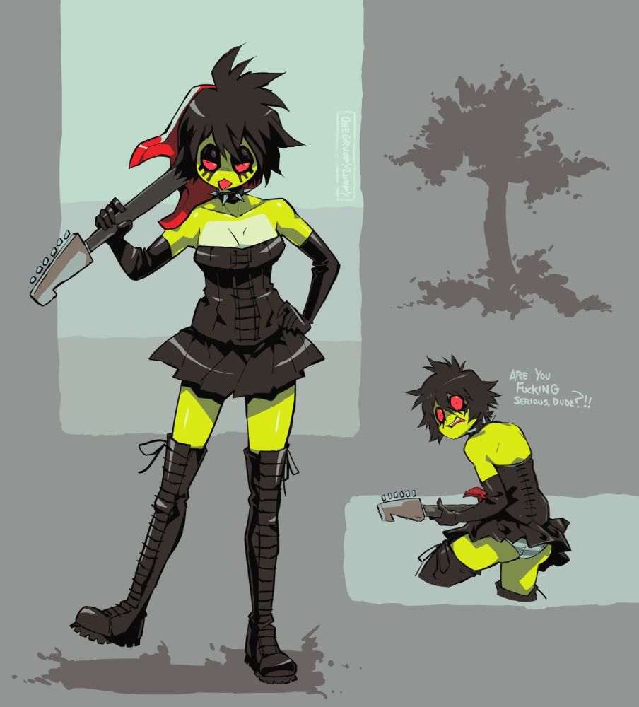 Art of Mildew, a punk frog girl in a more gothic outfit, consisting of black corset, spiked collar, miniskirt, thigh high combat boots and opera gloves. Her hair is fluffed up and her tongue is poking out as she stands impatiently, balancing her guitar on her shoulder. A second, smaller drawing shows her staring at the viewer, shocked and irritated as they see up ber dress, yelling "Are you fucking serious, dude?!" mid-performance.