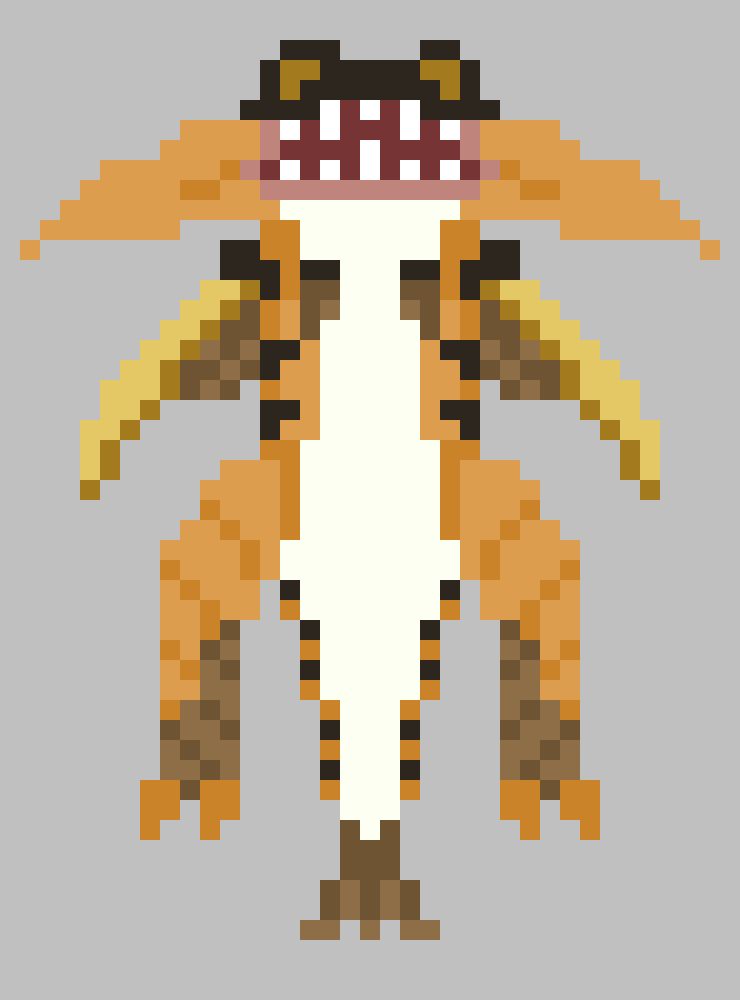 Pixel art of an orange fish like a monster with sharp teeth. It is a fan made Monster for the Monster Hunter series.