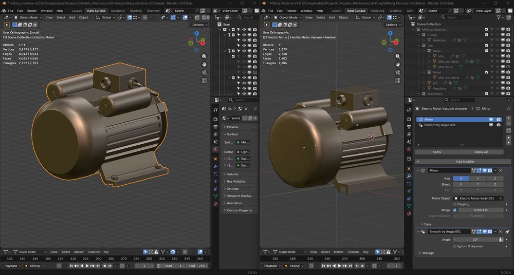 Electric Motor of the Milking Machine modeled in Blender 3D, showcasing a reduction of of vertices by roughly half.