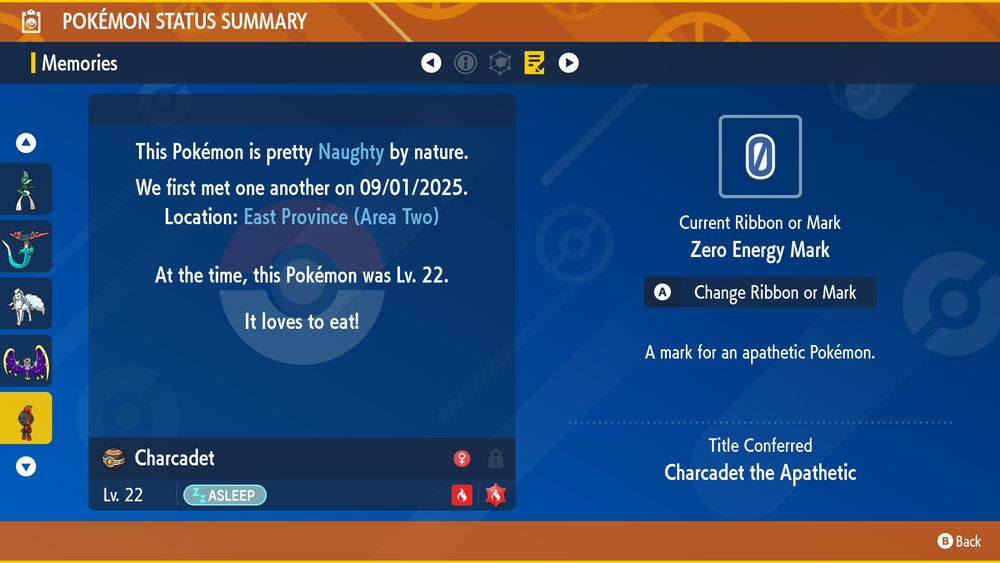 Screenshot from Pokemon Scarlet showing a Charcadet with a Zero Energy Mark and the title of Charcadet the Apathetic.