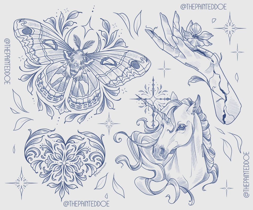 A collection of pencil like drawn designs intended for tattoo. On the top left is a moth with a crescent moon behind it and flowing leaf patterns surrounding it's body. In the top right is a cracked hand statue severed at the forearm, delicate vines weave round the arm and into the cracks, with a flower blooming out of the palm. In the bottom left are ornate leaf patterns in the shape of a heart and on the bottom right is the portrait of a unicorn with a flowing mane and an ornate star behind it's horn.
