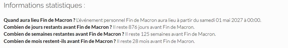Informations statistiques :

Quand aura lieu Fin de Macron ? L'événement personnel Fin de Macron aura lieu à partir du samedi 01 mai 2027 à 00:00.
Combien de jours restants avant Fin de Macron ? Il reste 876 jours avant Fin de Macron.
Combien de semaines restantes avant Fin de Macron ? Il reste 125 semaines avant Fin de Macron.
Combien de mois restent-ils avant Fin de Macron ? Il reste 28 mois avant Fin de Macron.