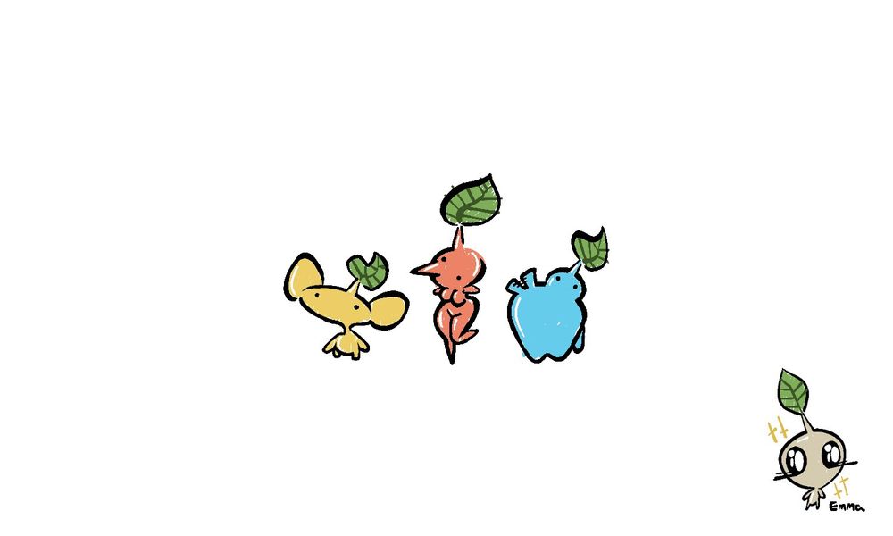 three pikmins. left pikmin is a yellow pikmin with big ol ears, the middle one is a red pikmin with big voluptuous breasts and hips, the last is a blue pikmin thats silly and round and waving at you. in the corner is my artist signature with a bonus pikmin with big eyes and lashes