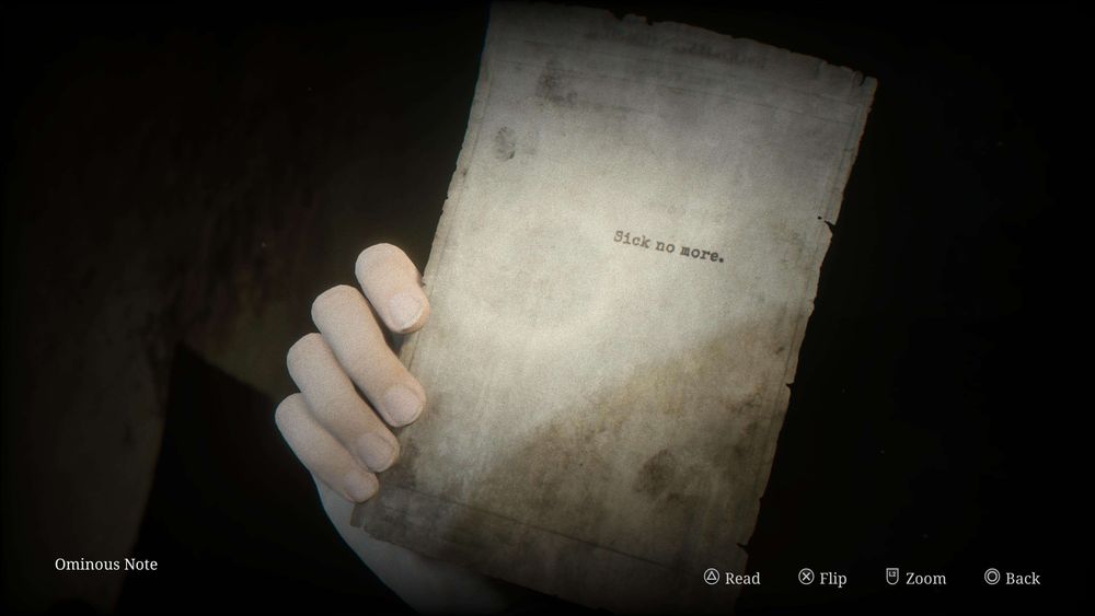 Silent Hill 2 Remake Screenshot. A document is being held up to the camera with the words 