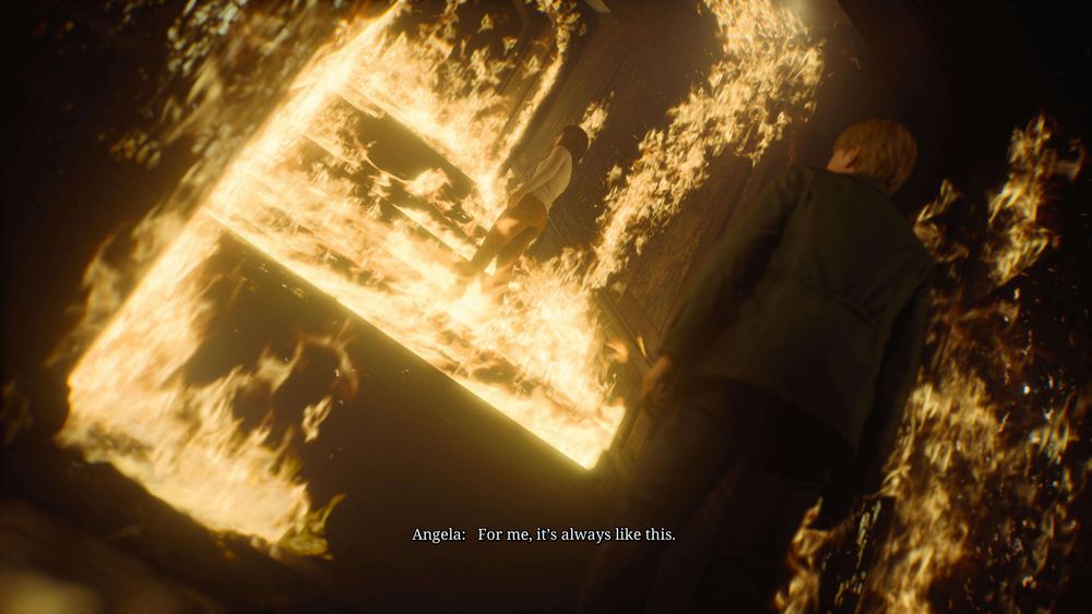Angela sitting on a staircase covered in fire turning back to James and saying 