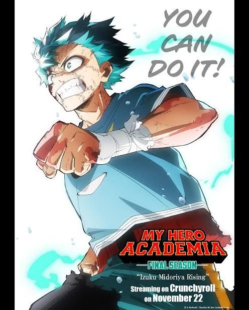 Poster for final season of My hero academia with Deku running to camera