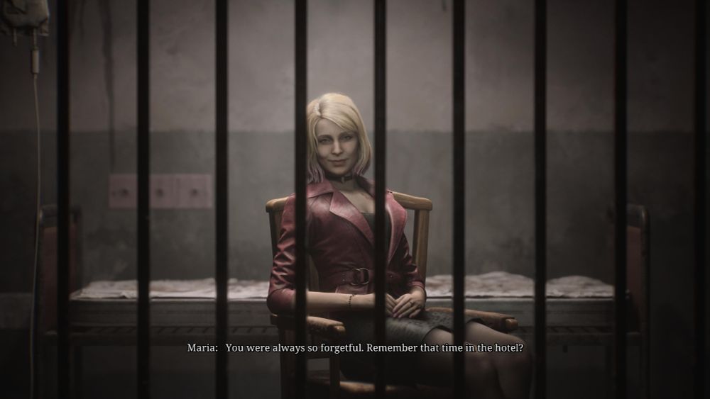 Maria from Silent Hill 2 remake sitting behind bars. The subtitle says. 
