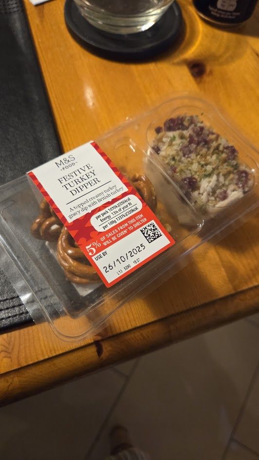 marks festive turkey dipper of pretzel with a weird stuffing, turkey and bacon mayo dip