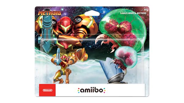 amiibo showing samus and a squishable metroid on a broken tube.