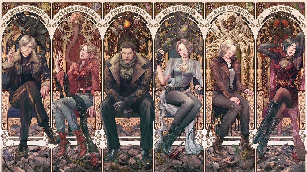 mural for Resident Evil showing Leon, Claire, Chris, Jill, Grace and Ad Wong sitting on thrones made from the enemies of their games.