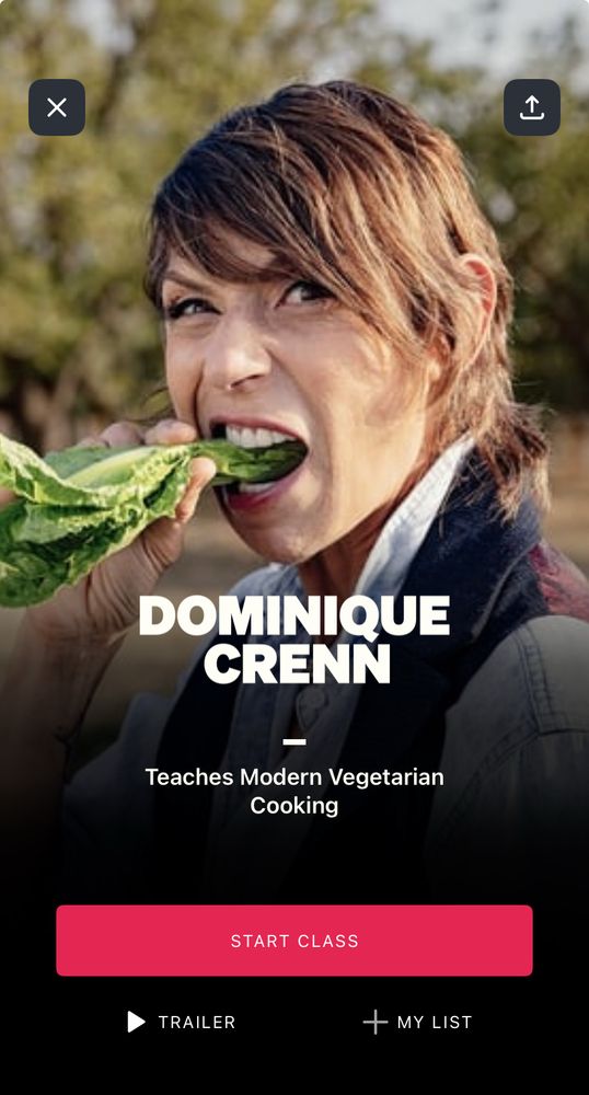 Screenshot with chef Dominque Cren chomping some greens on her class “Modern Vegetarian Cooking”