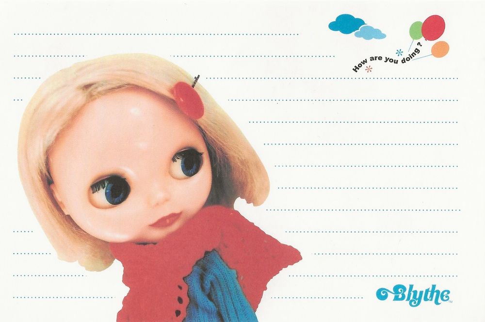Blythe letter set featuring a blonde Blythe doll with a bob cut. She wears a blue sweater, red scarf, and a red hair clip. In the upper corner, a few balloons float away and carry the words, How are you doing? 