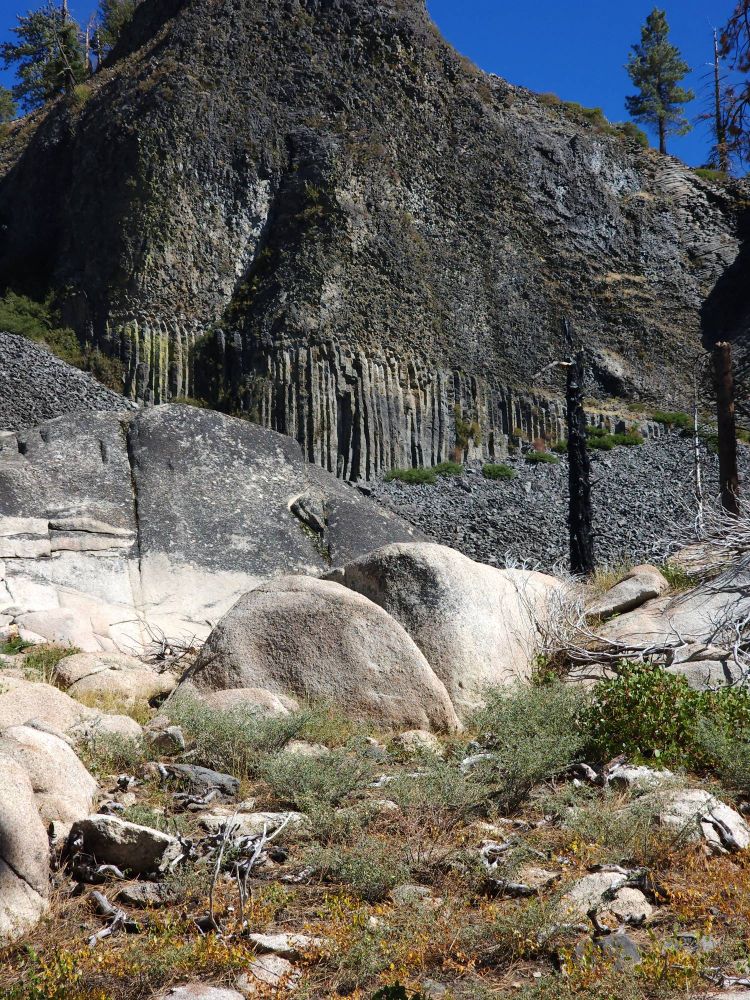 Columns of the Giants - a geological volcanic feature in the Stanislaus National Forest where cooling lava formed regular appearing basalt columns 5 to 10 million years ago