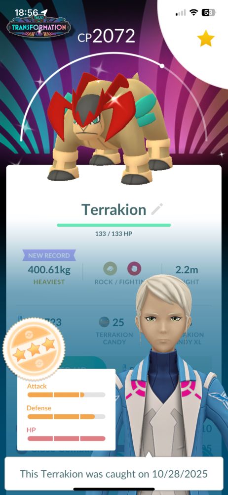 caught a shiny three star terrakion with a transformation background on pokémon go