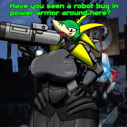 A large Serperior lamia with a rocket launcher asks you where a powered armor clad bug is behind her with intent to cause problems