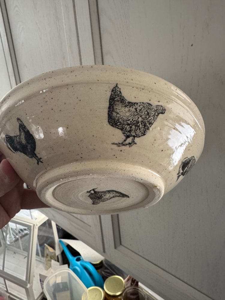 A clear glazed stoneware bowl with chicken underglaze transfers 