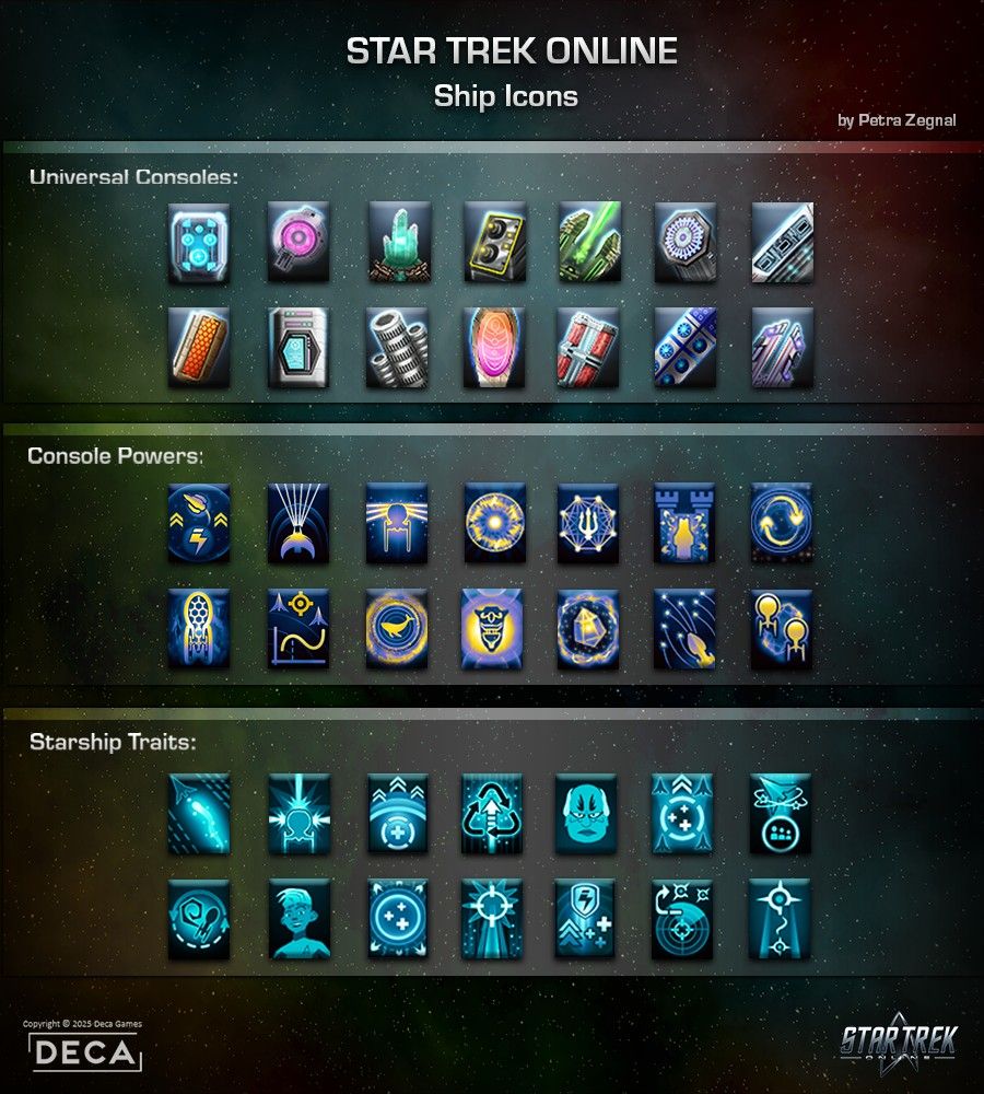 Space background with writing on top: "Star Trek Online Ship Icons" with images of different types of Star Trek Online icons 