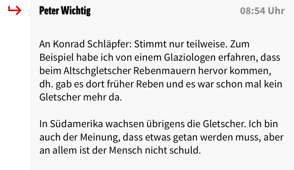 Ein Screenshot eines Kommentars: beim Alteschgletscher sind Rebenmauern hervorgekommen. Das beweist, dass es früher dort Reben gab und keinen Gletscher.