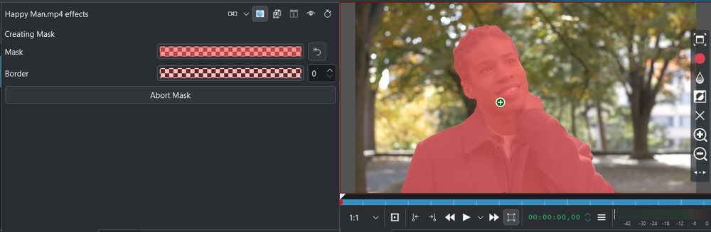 A screenshot of the Kdenlive video editing interface. A clip of a man outdoors is seen with a red mask overlay applied over him. Another panels shows settings for the Object Masking effect.