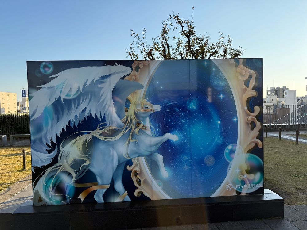 A picture of a poster featuring an illustrated cartoon Pegasus that is about to step through an ornate mirror (might like the one in Snow White) and into a sea of stars.