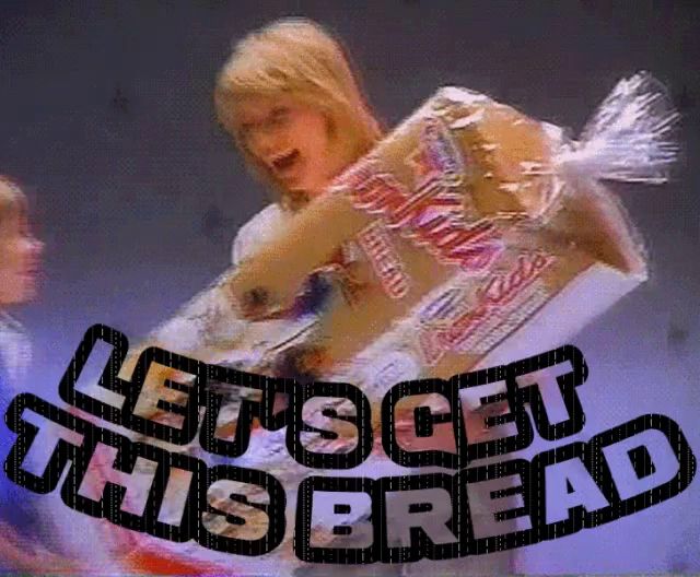 an advertisement for let 's get this bread features a woman holding a box