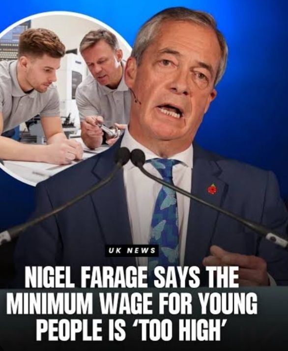 A picture of Nigel Farage with the text 'Nigel Farage says the minimum wage for young people is "too high".' 