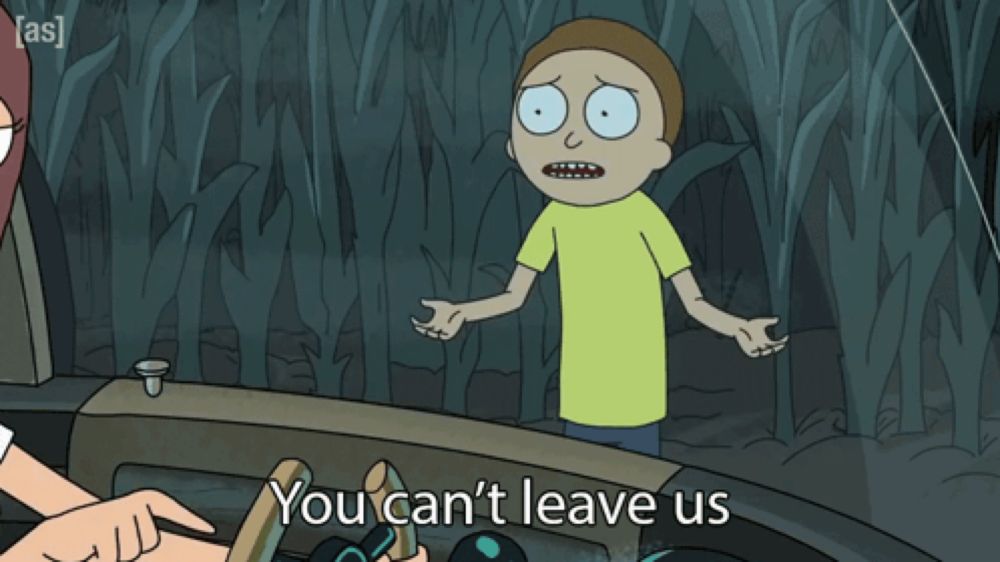 a cartoon character says " you can 't leave us " in front of a forest