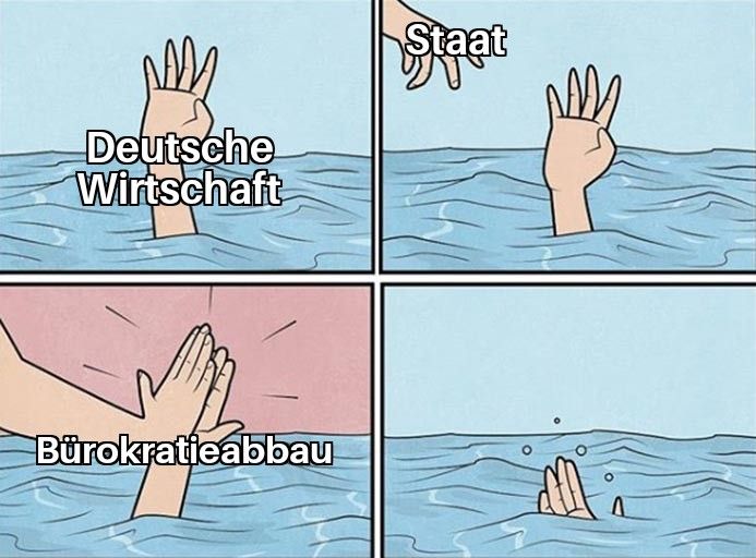 Eine Collage zeigt eine ertrinkende Hand, die um Hilfe bittet (beschriftet mit 'Deutsche Wirtschaft'). Im zweiten Bild streckt eine weitere Hand ('Staat') Hilfe entgegen. Im dritten Bild gibt der 'Staat' der ertrinkenden Hand jedoch ein High-Five, wobei die Bezeichnung 'Bürokratieabbau' zu sehen ist. Im letzten Bild verschwindet die Hand der 'Deutschen Wirtschaft' unter Wasser.
