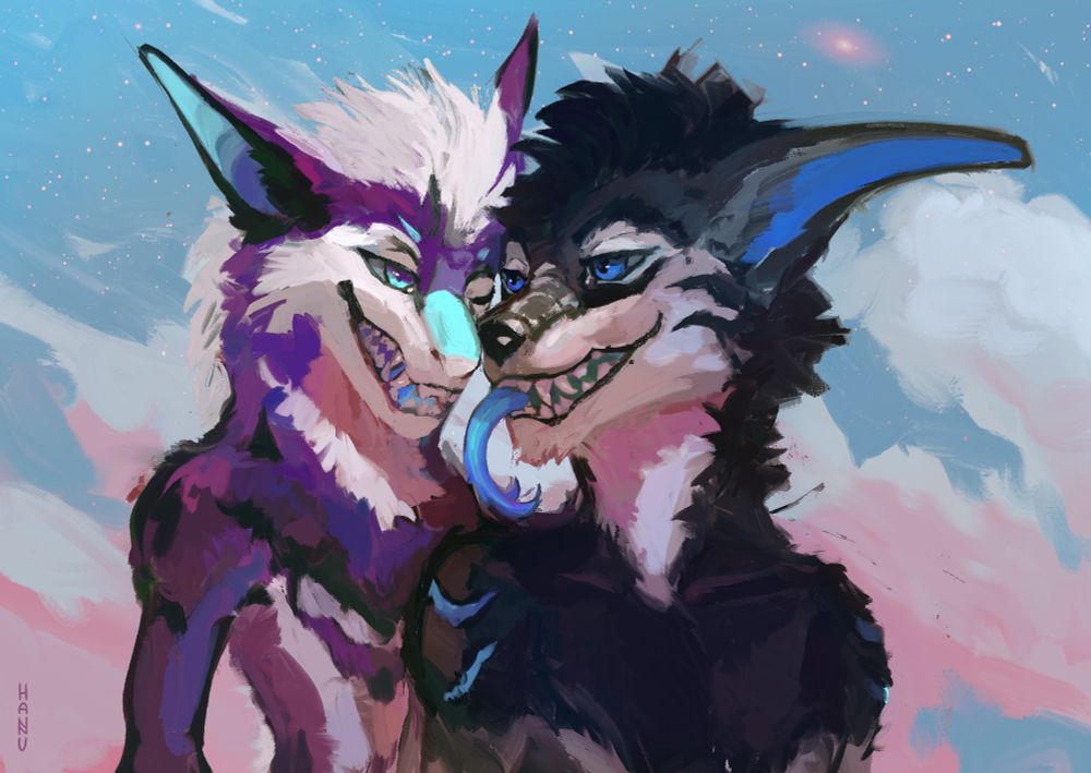 A drawing of two vernid characters from the shoulders up. Zenith (who is typically a space dog) can be seen on the left and Orion (who is typically a wolf/tiger/dragon chimera) can be seen on the right. Zenith is multiple shades of purple with white as their secondary color, as well as some bright blue and black accents. Orion is varying shades of gray and black with blue accents. 